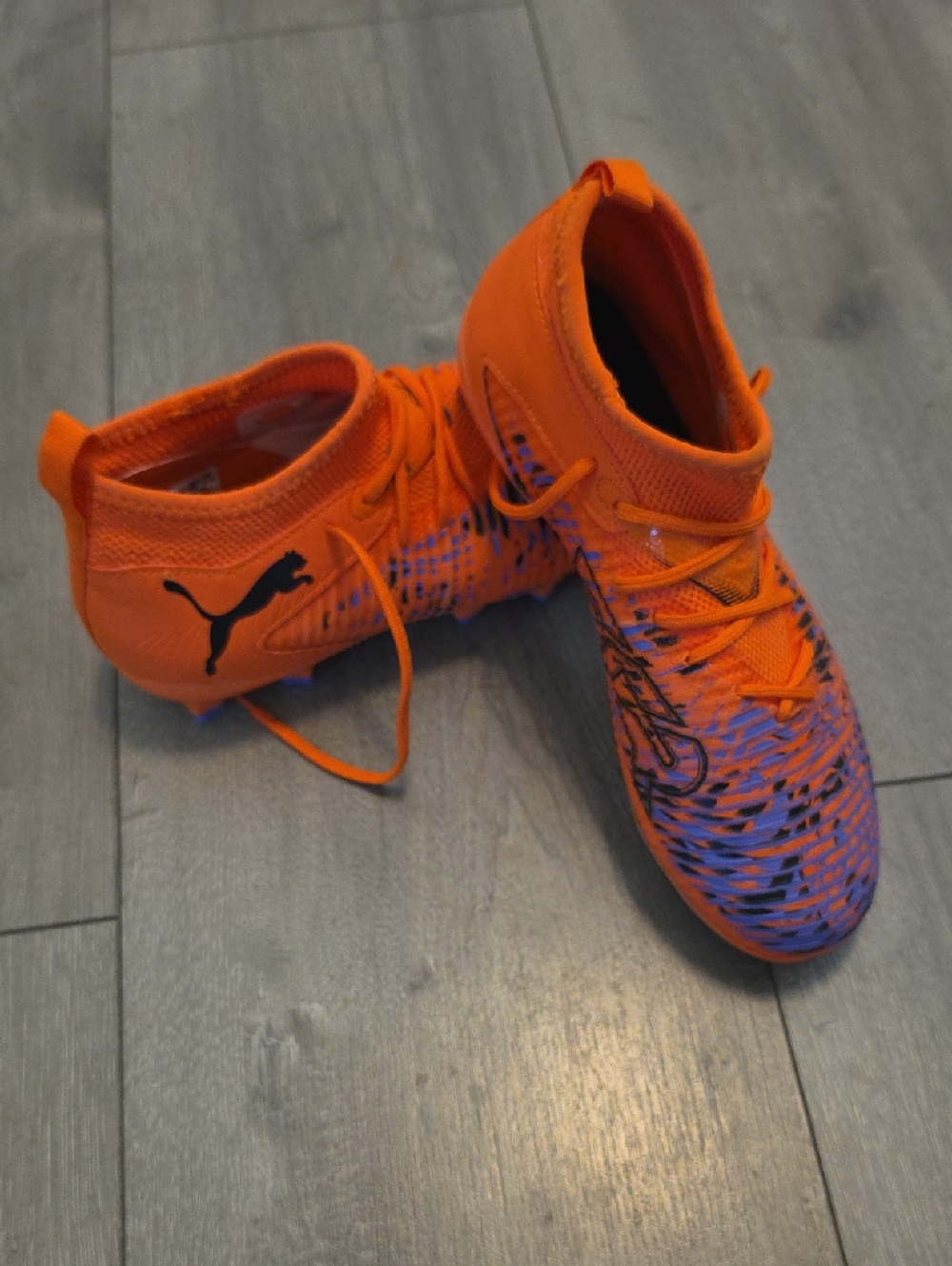 New Puma Kids Orange and Blue High-Top Soccer Cleats. Never Worn, Without Tags